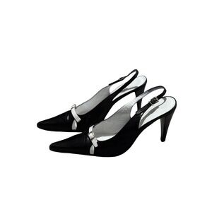 Di Nuccio Black White Leather Slingback Pointed Toe Heels Size 36.5 Italy